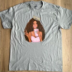 Babe brunette curly hair grey t-shirt size large brand new